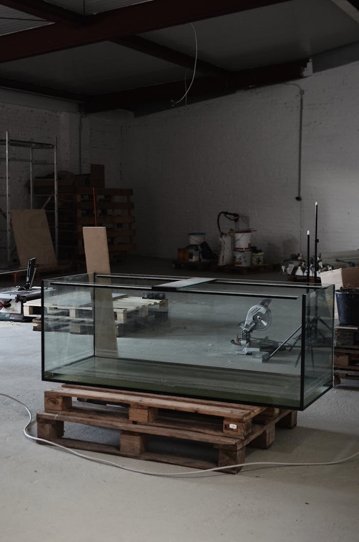 Large empty glass aquarium on pallets in a spacious industrial warehouse environment.